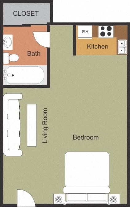 Floor plan for studio, 1 bath, 329 sqft